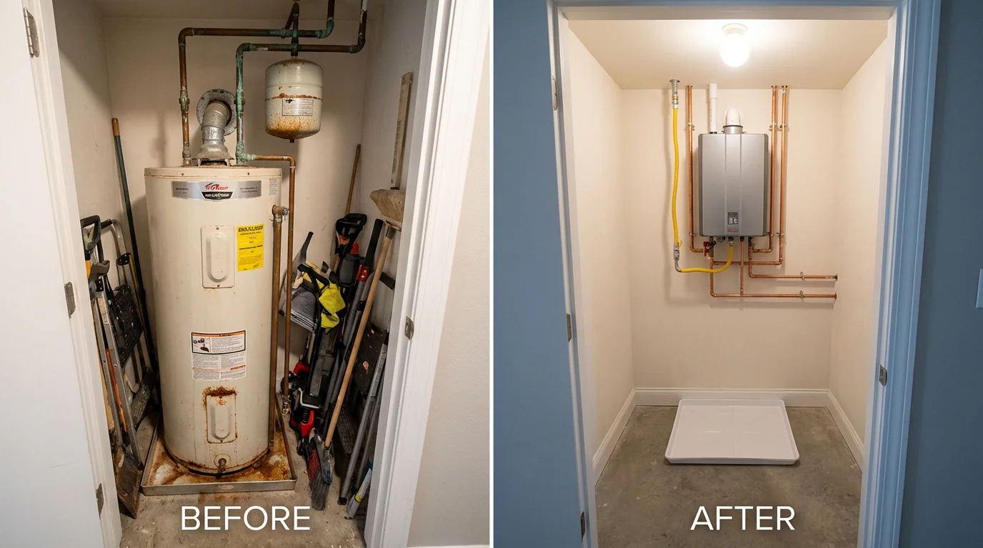 Tank water heater versus wall-mounted tankless unit comparison for Hudson, IL homeowners