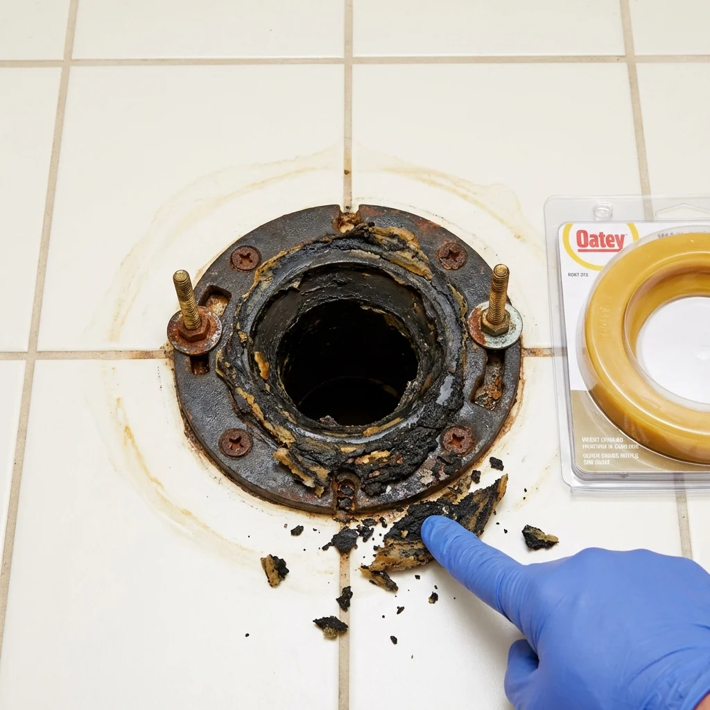 Failed wax ring showing water seepage at the base of a toilet in a Hudson, IL home