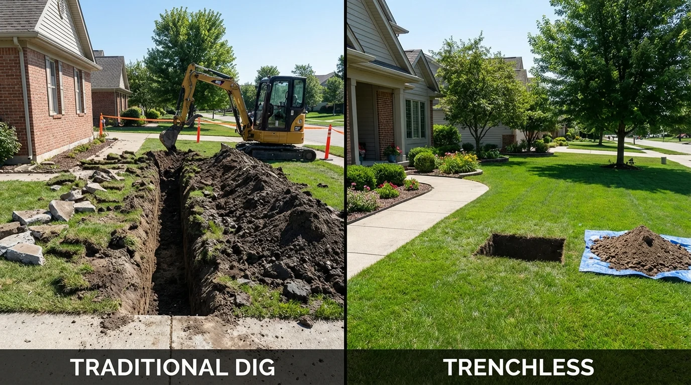 Trenchless sewer repair with minimal yard damage versus traditional excavation in Hudson, IL