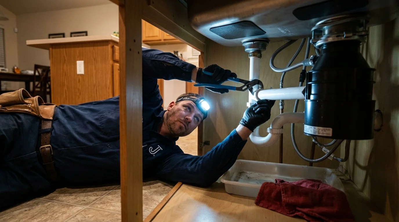 P-trap and supply line connections under a kitchen sink showing a common leak point in Hudson, IL